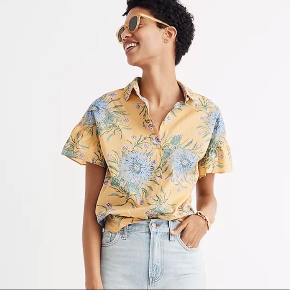 Madewell Ruffle Sleeve Button Down Top Painted Blooms XXS - Picture 3 of 16